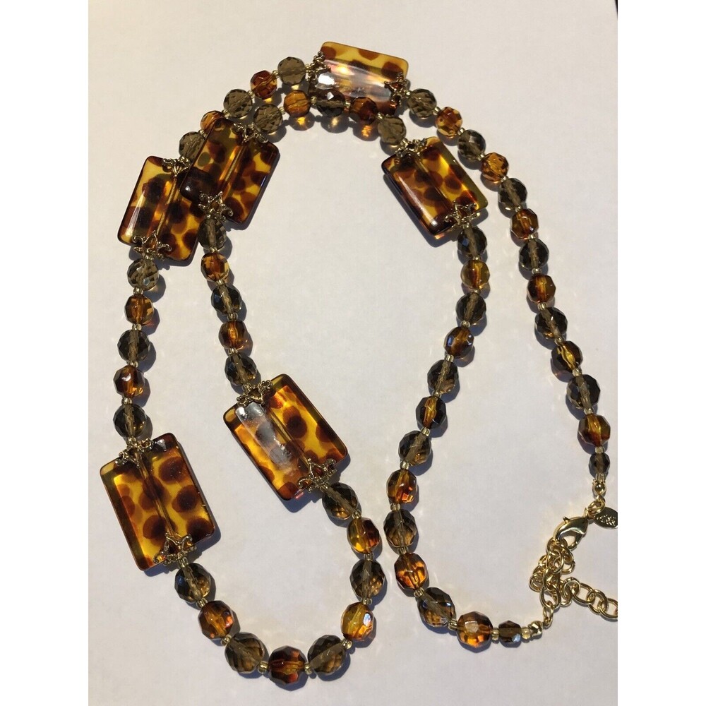 Joan Rivers Signed Necklace QVC Faux Amber Long Animal Print Leopard Cheetah